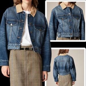 J.Crew Oversized Cropped Trucker Jacket Womens 12 Corduroy Collar Blue Denim NEW
